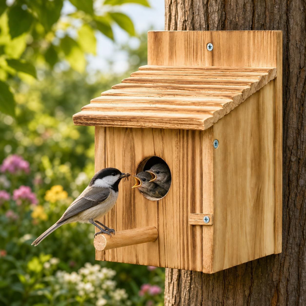 Wooden Bird House for Outside, Hanging Natural Wood Birdhouse with Perch, 1.57" Entrance & Side Clean-Out Door for Bluebirds, Wrens and Finches, Garden Decor