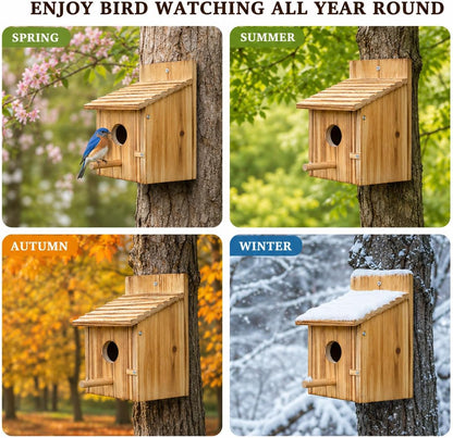 Wooden Bird House for Outside, Hanging Natural Wood Birdhouse with Perch, 1.57" Entrance & Side Clean-Out Door for Bluebirds, Wrens and Finches, Garden Decor