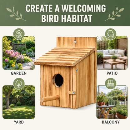 Wooden Bird House for Outside, Hanging Natural Wood Birdhouse with Perch, 1.57" Entrance & Side Clean-Out Door for Bluebirds, Wrens and Finches, Garden Decor
