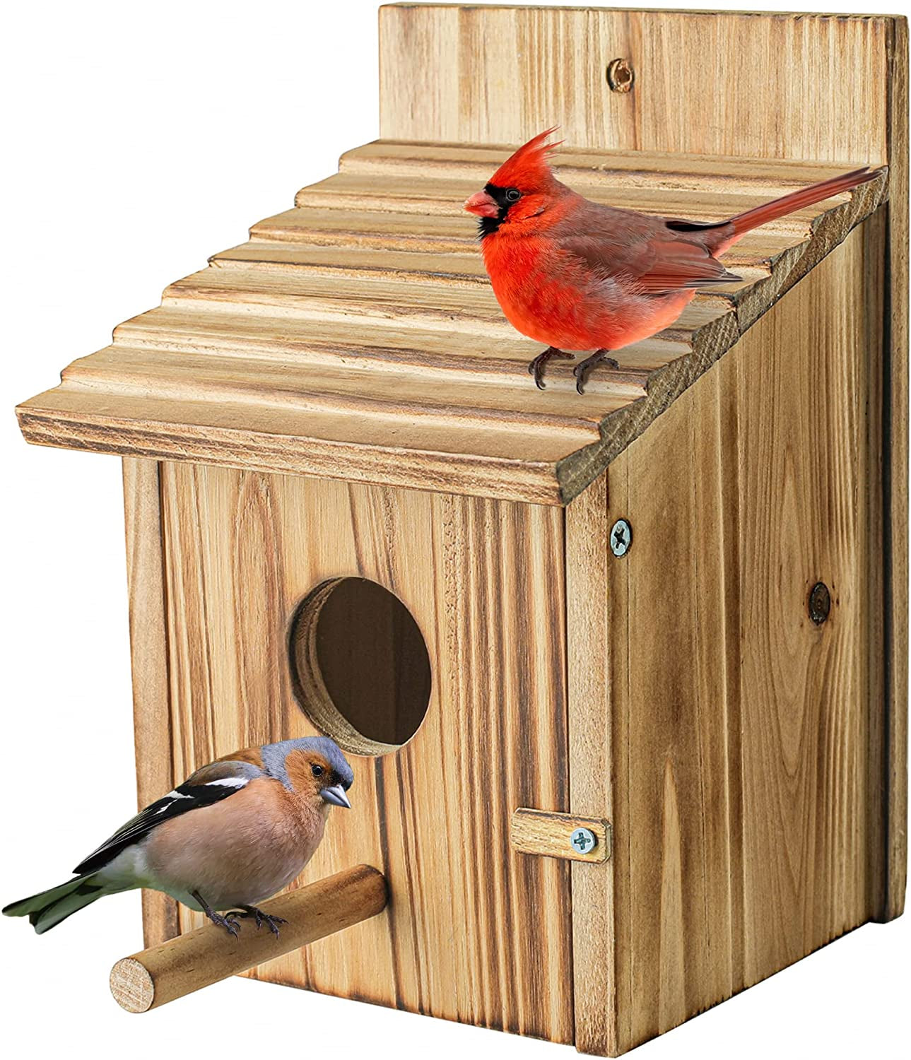 Wooden Bird House for Outside, Hanging Natural Wood Birdhouse with Perch, 1.57" Entrance & Side Clean-Out Door for Bluebirds, Wrens and Finches, Garden Decor