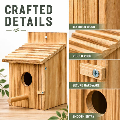 Wooden Bird House for Outside, Hanging Natural Wood Birdhouse with Perch, 1.57" Entrance & Side Clean-Out Door for Bluebirds, Wrens and Finches, Garden Decor