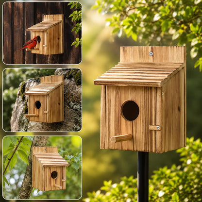 Wooden Bird House for Outside, Hanging Natural Wood Birdhouse with Perch, 1.57" Entrance & Side Clean-Out Door for Bluebirds, Wrens and Finches, Garden Decor